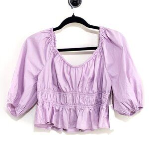 NWT $98 Hudson North Purple Smocked Crop Top Size Medium 100% Cotton Puff Sleeve